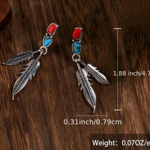 Antiqued Silver Long Feather Tassel Drop Earrings Colorful Torquoise Coral - Picture 4 of 5